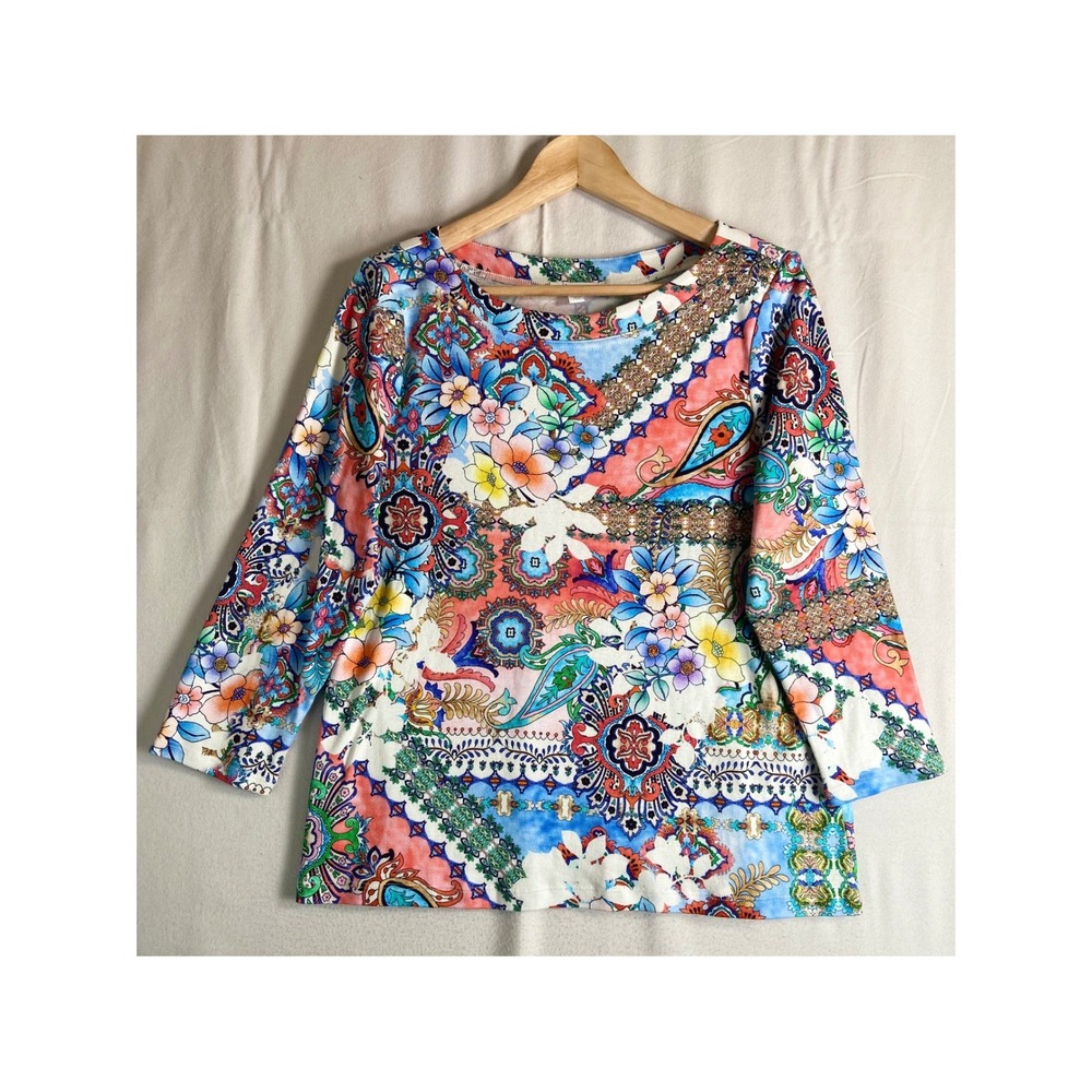 Chico's Women's Size 1 M Multicolor Paisley Floral 3/4 Sleeve Top Boho Resort